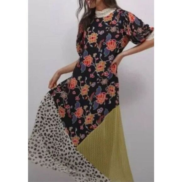 Anthropologie Verb Pallavi Singhee Maxi Dress Sz S Soniya Floral Cheetah Yellow - Picture 1 of 2